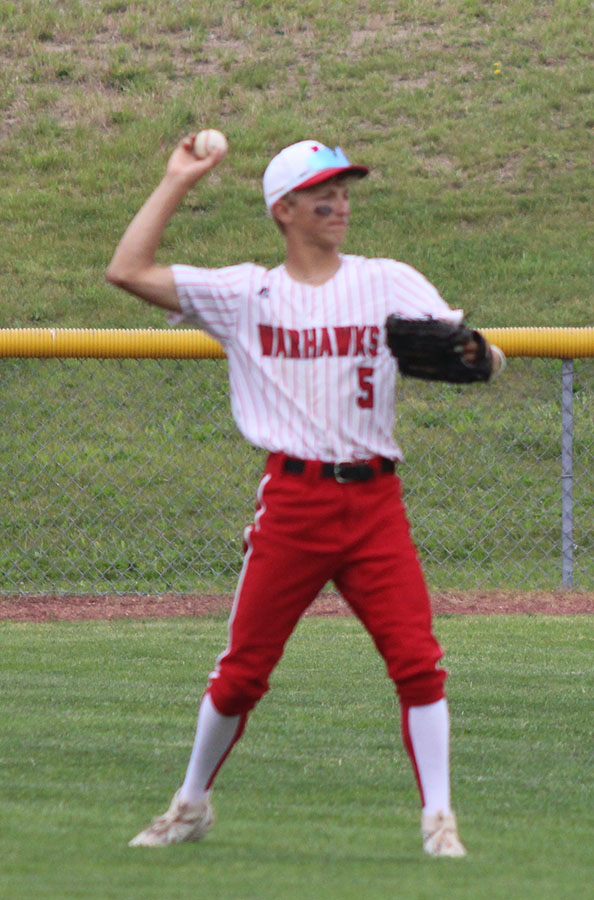 Lucas Nunnikhoven in the outfield winding up to throw a baseball.